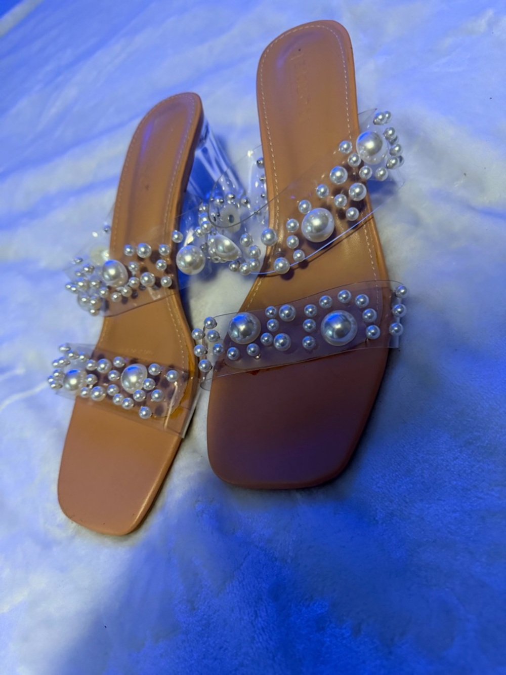 Pearl-Embellished Clear Strap Block Heel Sandals - Tan